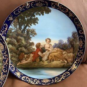 2-ANTIQUE FRENCH CABINET PLATES SIGNED COBALT BLUE CRUST GOLD GILT RIM F BOUCHER